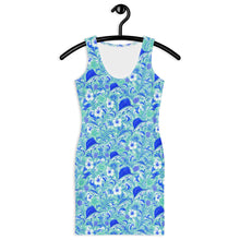 Load image into Gallery viewer, Women’s dress in blue tropical sportfish print with sailfish, mahi, hibiscus flowers, and flowing wave pattern
Coastal print dress featuring sailfish, mahi mahi, tropical florals, and blue ocean wave artwork